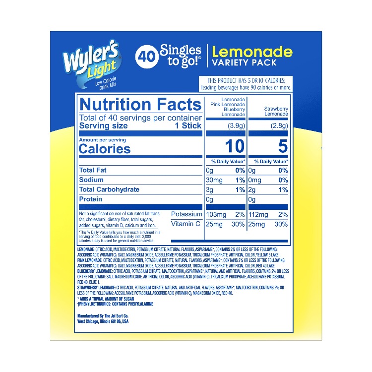 Wyler's Light Lemonade Sugar-Free Singles To Go Variety Pack Drink Mix, 40CT
